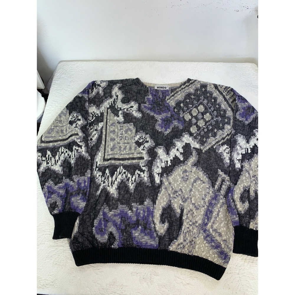 Mondo Vintage Made in Italy Abstract Geometric Knit Sweater Mens XL Purple Black